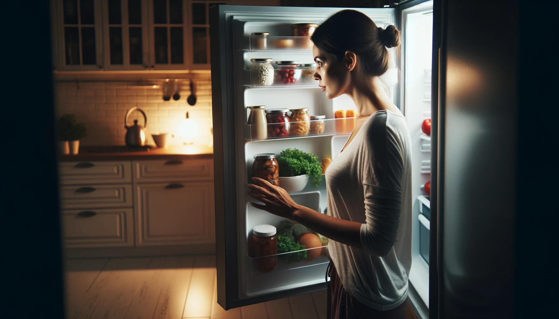 Image of homeowner discovering that her fridge won't cool.
