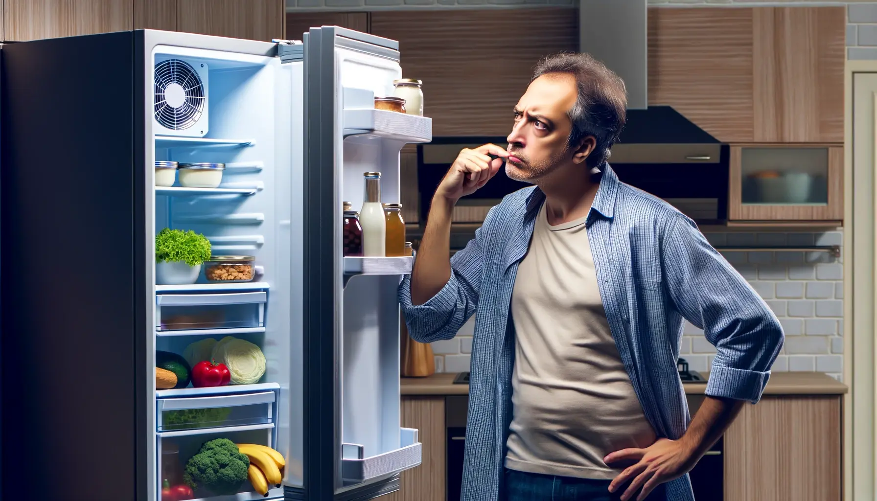 Image of man hearing strange noises coming from the fridge