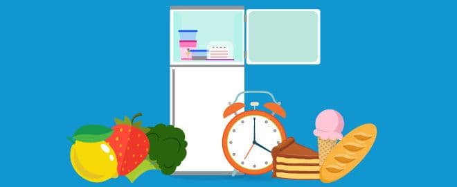 Illustration of freezer open with clock and various food items