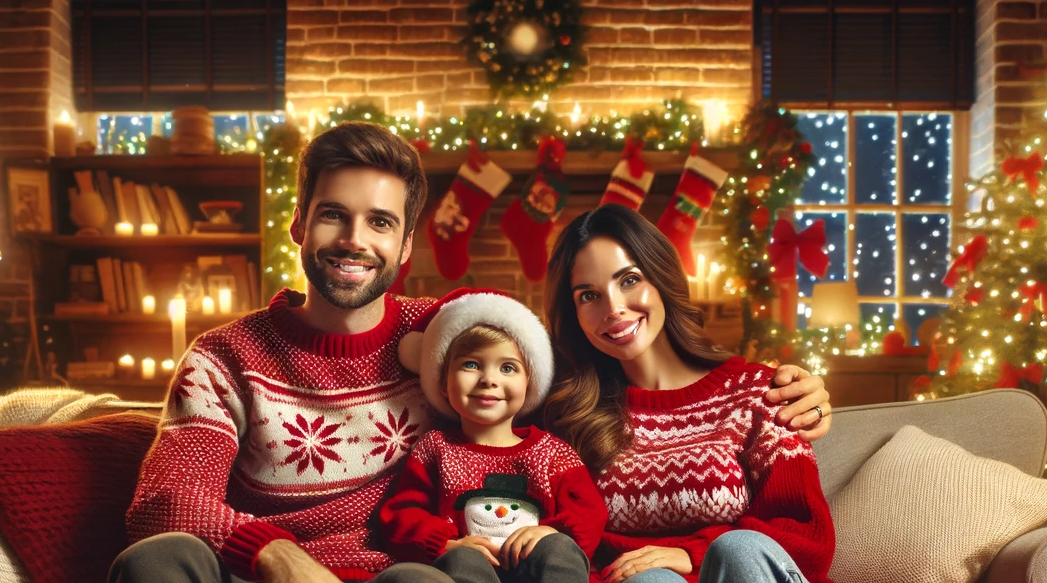 Image of a family comfortable in their home for the holidays.