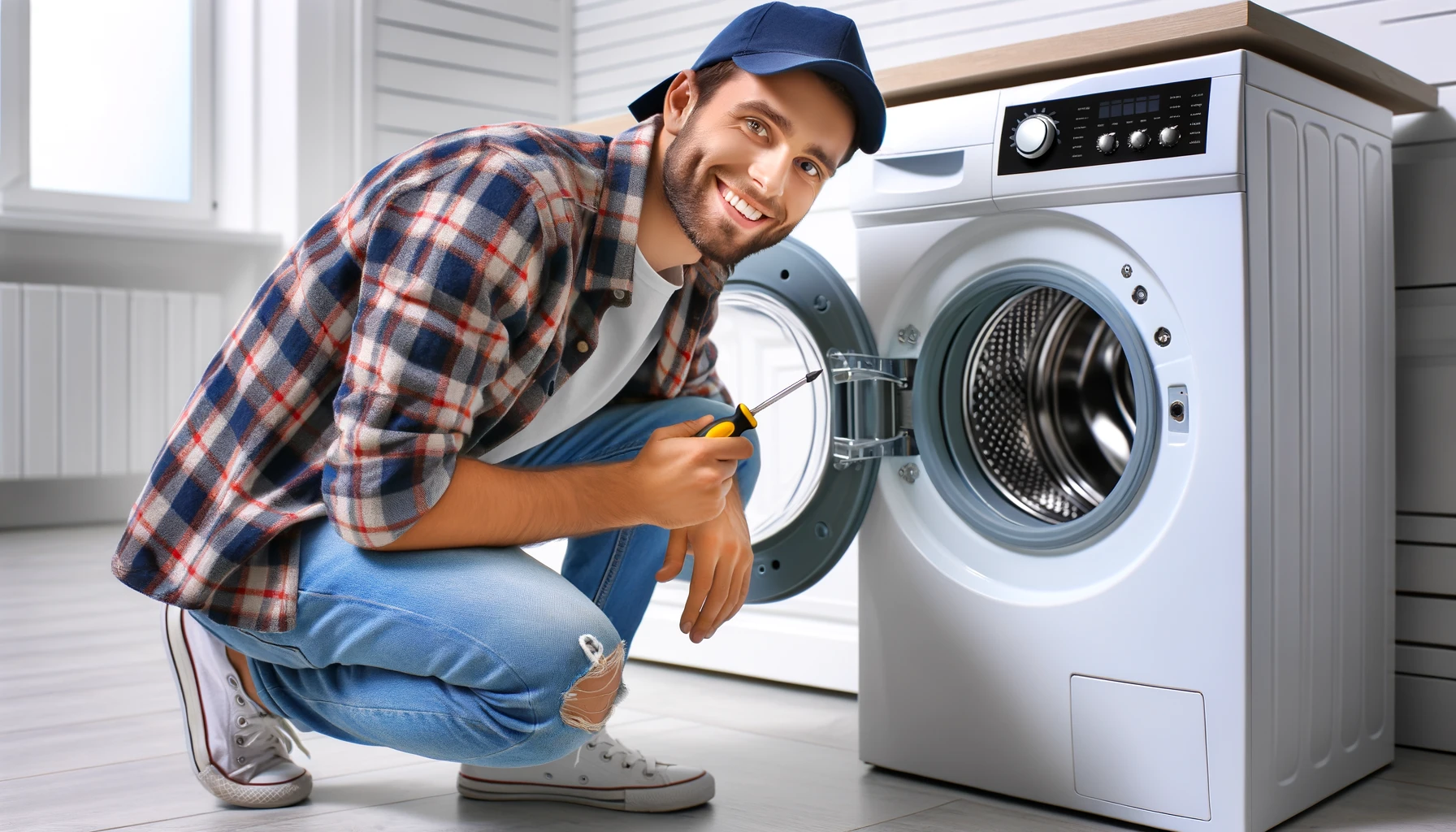 DIY'er fixing a washing machine image