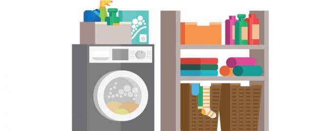 Illustration of washer and organized laundry room shelves