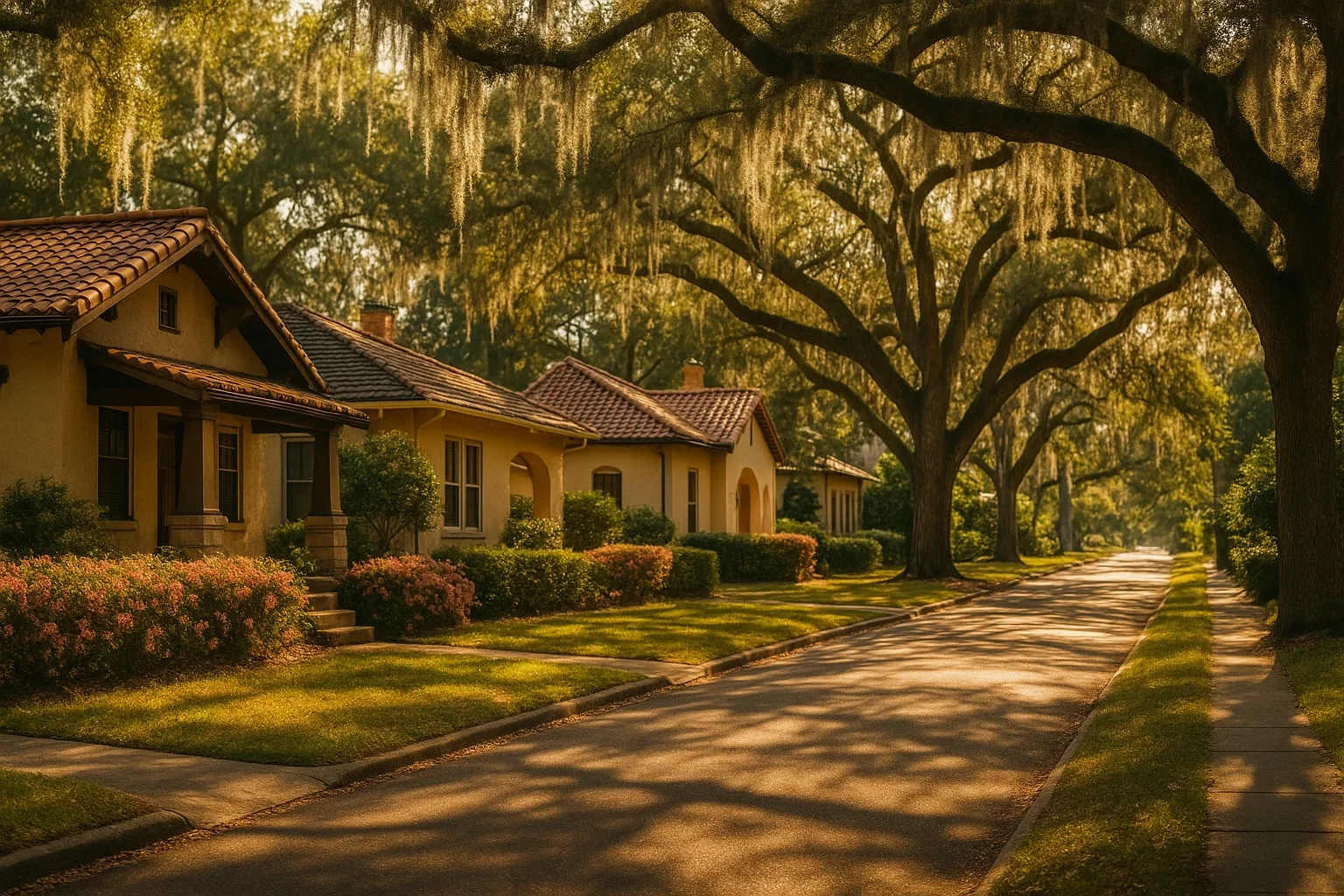 Tree-lined Orlando street with Spanish-style homes, Spanish moss draping from oak trees at golden hour