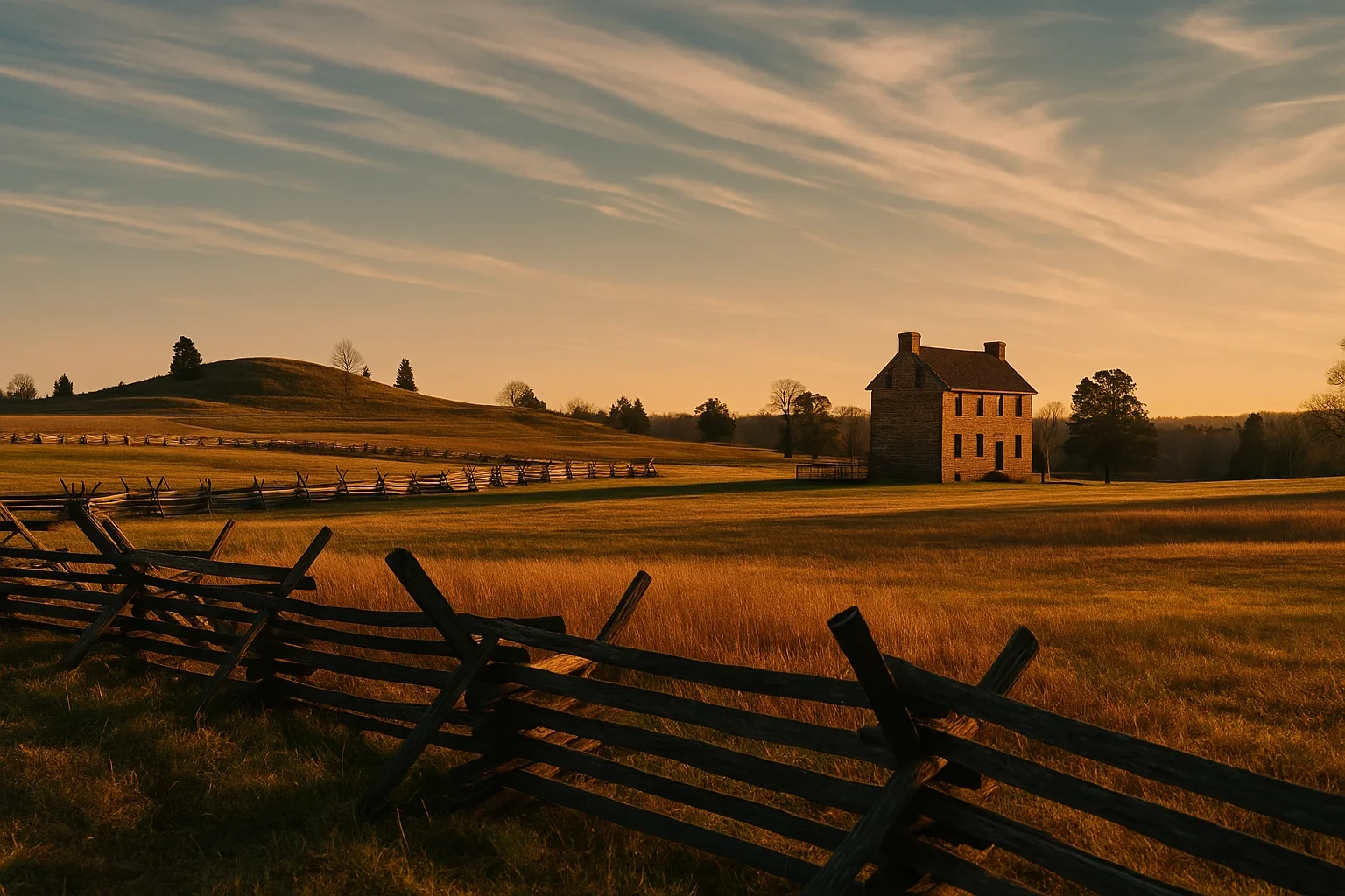 Historic stone house and split-rail fence in golden sunset light over rolling fields near Buckhall