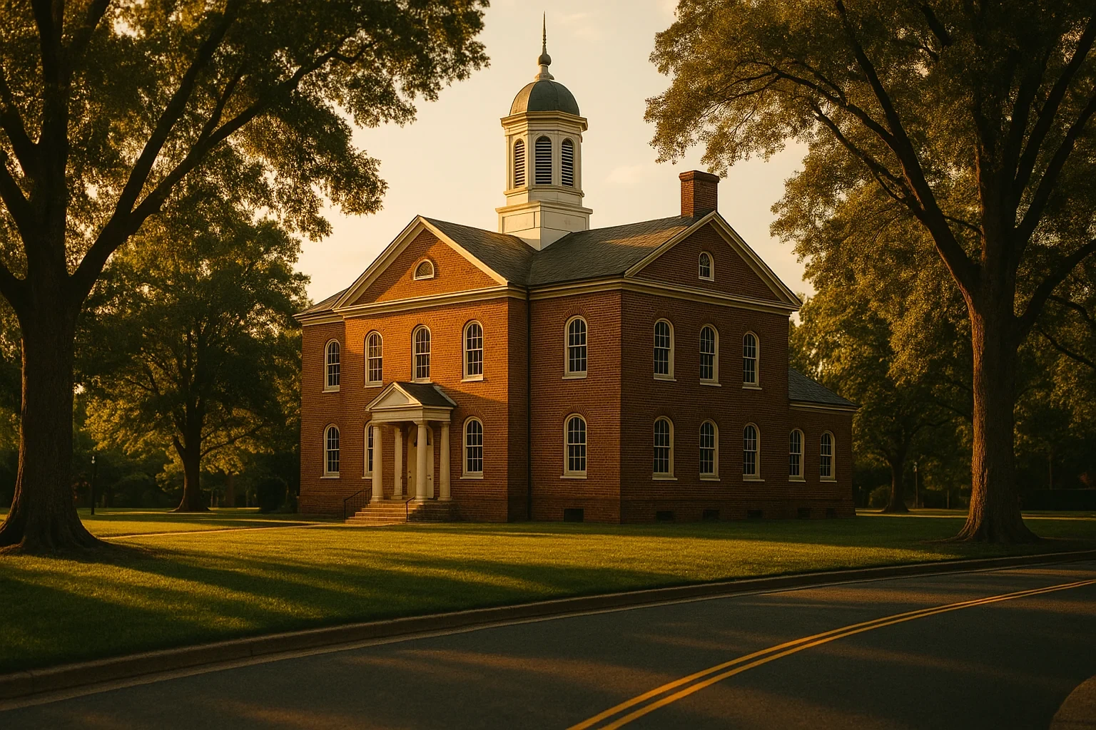 Historic brick courthouse with white cupola surrounded by mature trees at golden hour in Fairfax