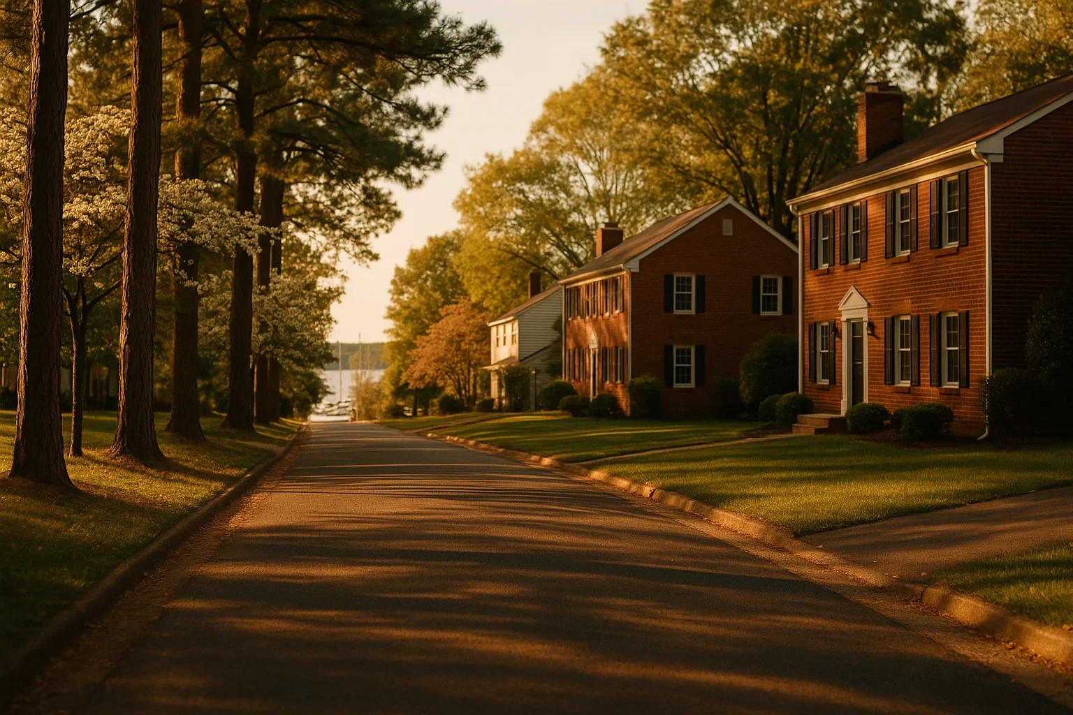 Tree-lined street with brick colonial homes overlooking the water at golden hour in Stafford Courthouse