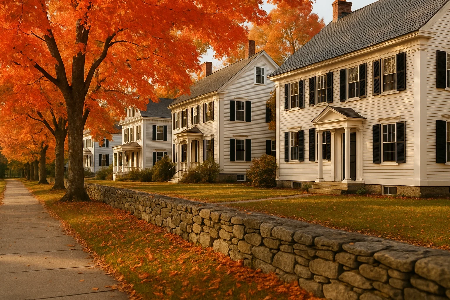 Historic white colonial homes with black shutters along a stone wall and autumn maple trees in Wallingford Center