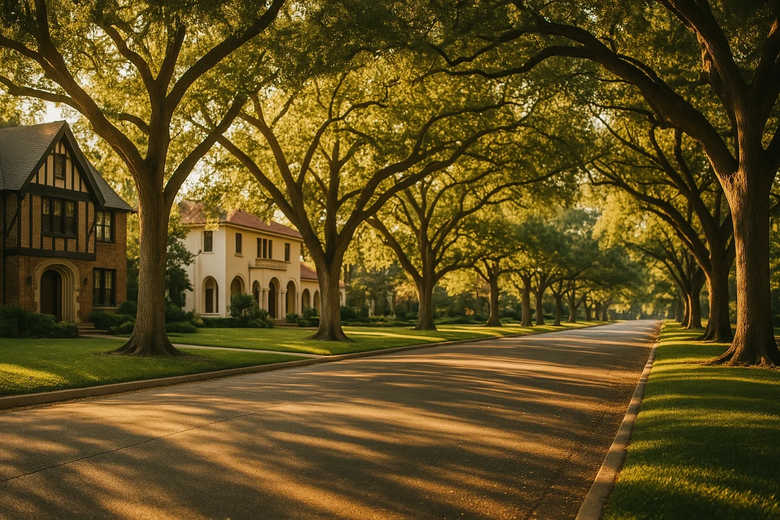 Tree-lined residential street with historic Tudor and Mediterranean homes in Dallas neighborhood at golden hour