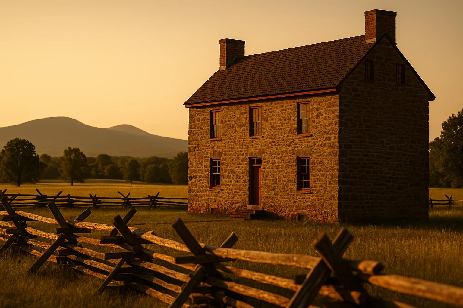 Historic stone farmhouse with split-rail fence and rolling hills at golden hour near Linton Hall