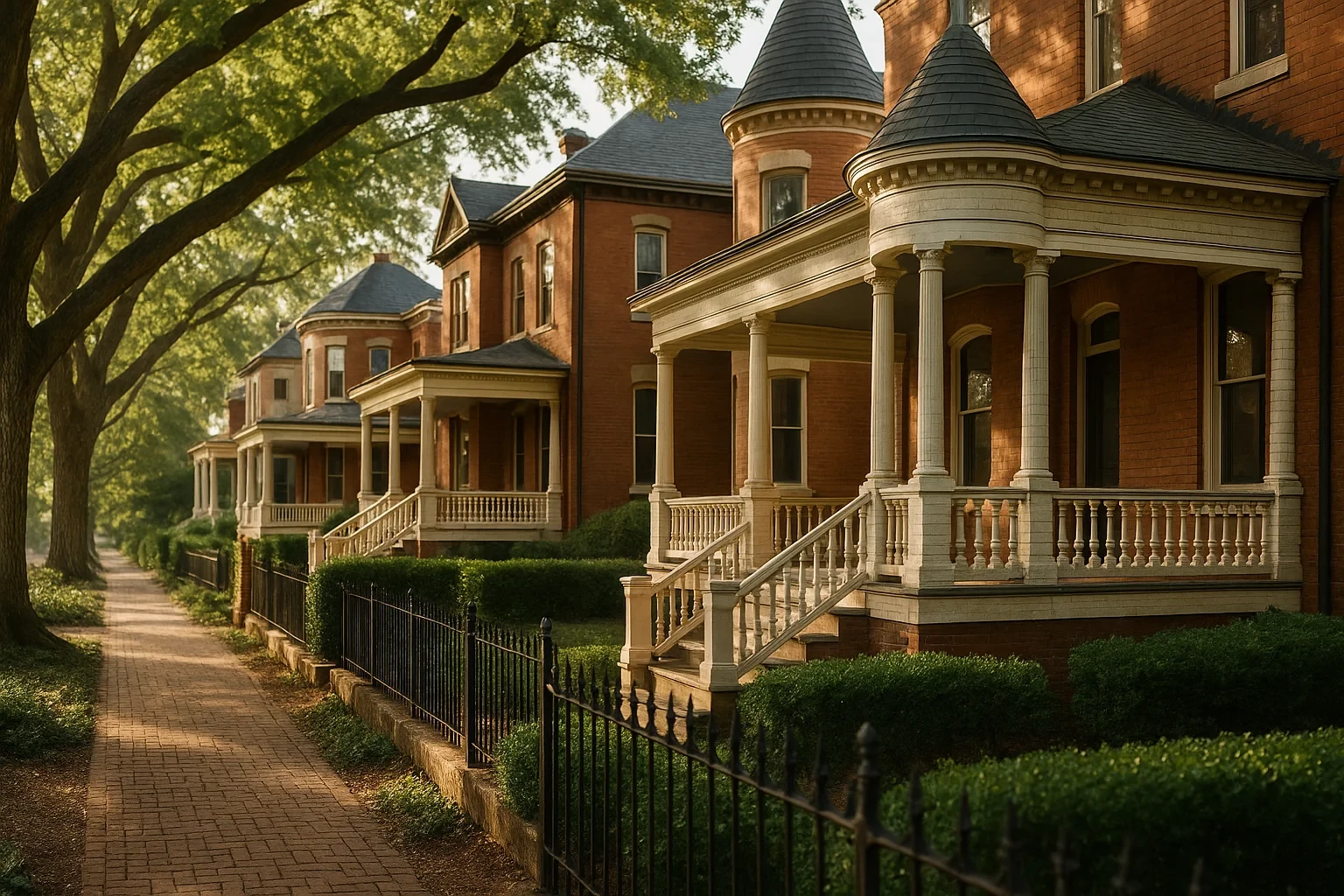 Historic brick Victorian homes with turrets and columned porches line a tree-shaded sidewalk in Lynchburg