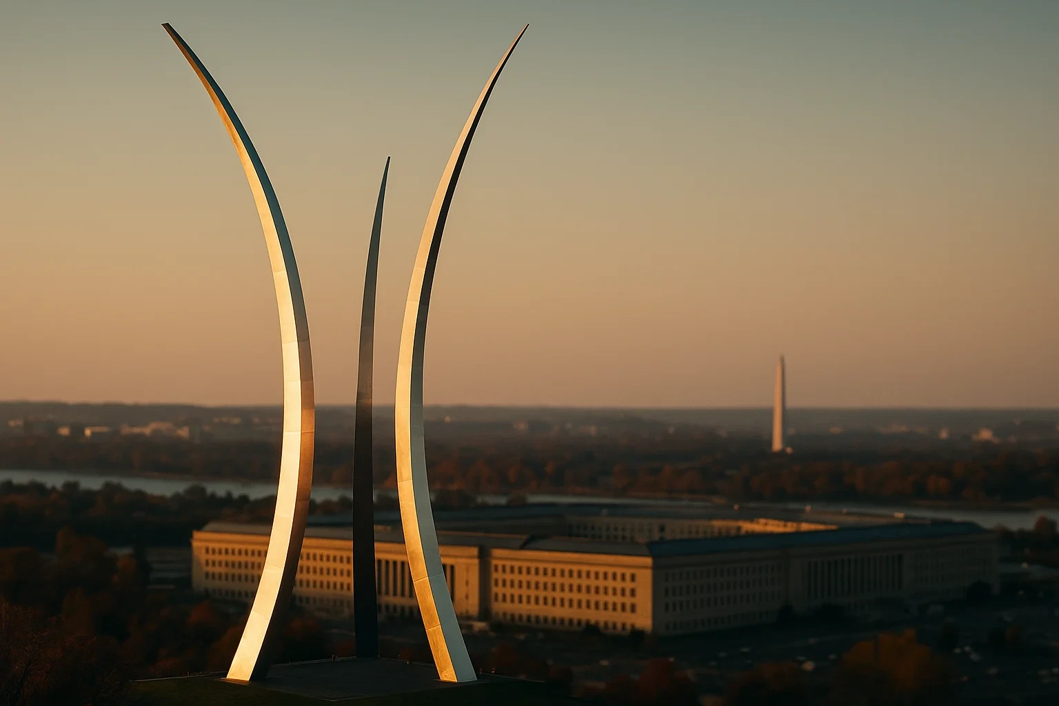 Air Force Memorial spires rising over the Pentagon at sunset with Washington Monument visible in Arlington