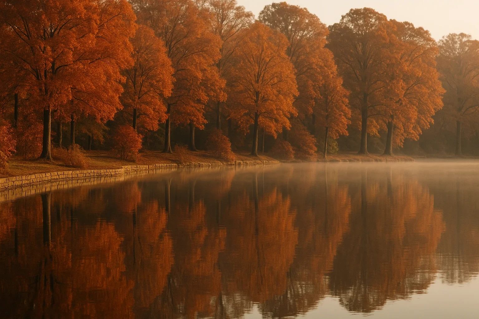 Misty autumn morning over a calm lake reflecting orange foliage along the wooded shoreline near Lakeside