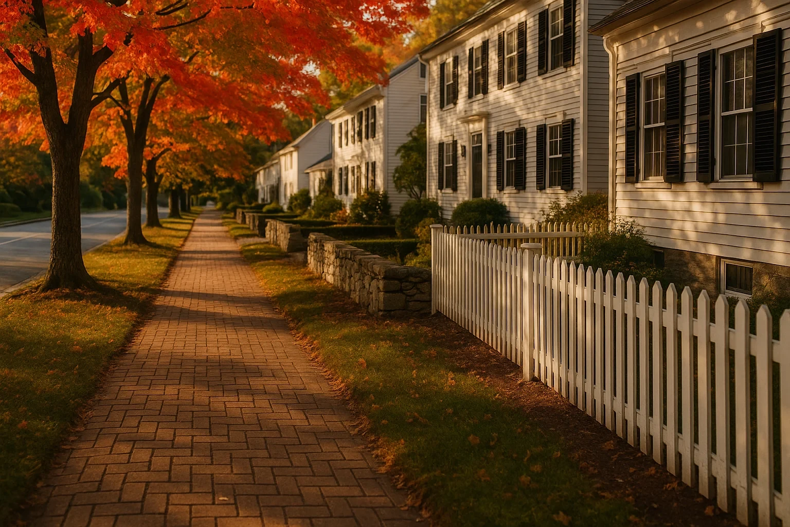 Brick sidewalk lined with vibrant autumn trees and white picket fence by colonial homes in Newington