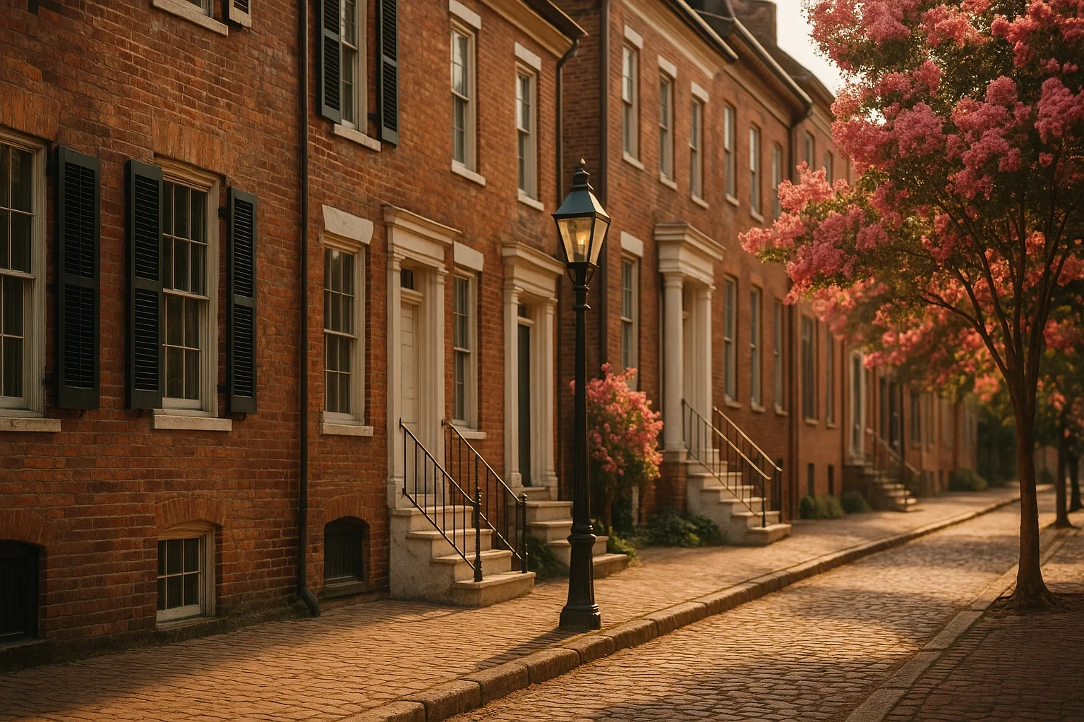 Historic brick row houses with black shutters and a vintage lamppost line a cobblestone street in Petersburg