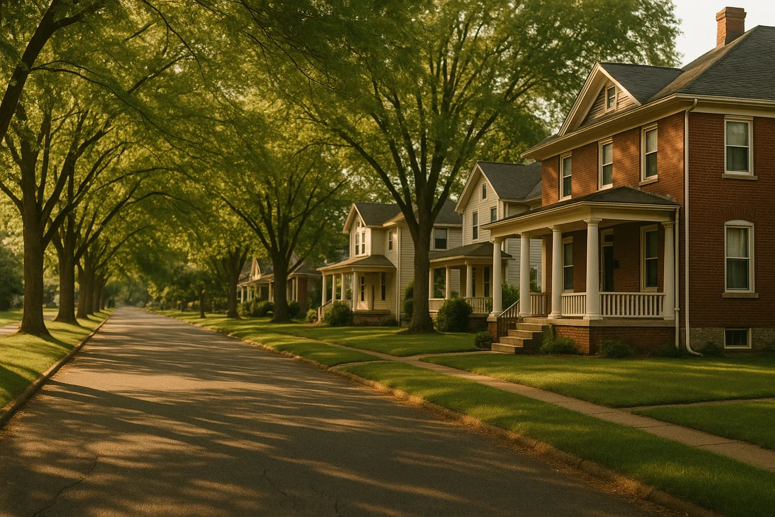 Tree-lined street with classic brick and wood-sided homes featuring front porches in Bridgewater neighborhood