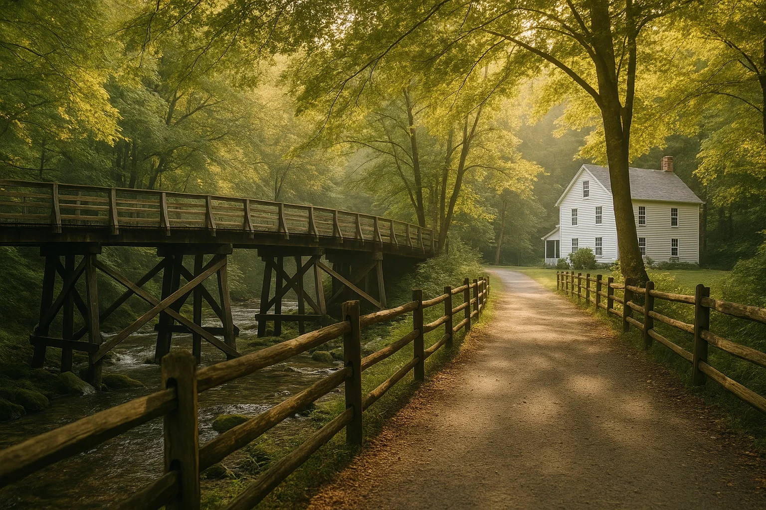 Wooden bridge over a creek beside a country path leading to a white farmhouse in Abingdon