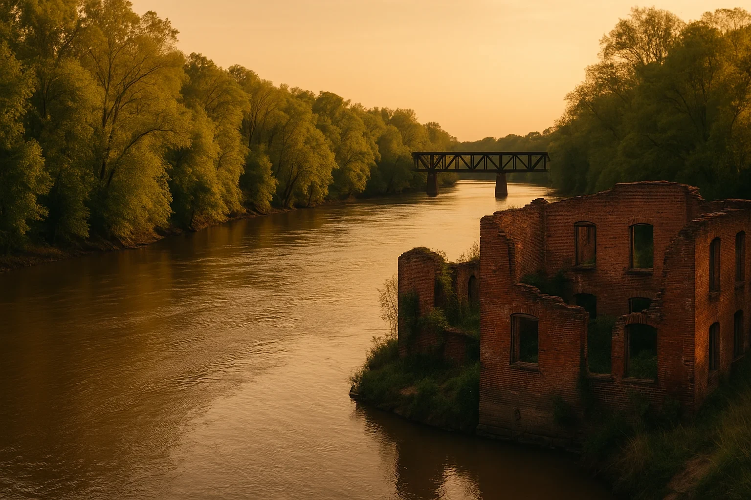 Golden sunset over a winding river in Petersburg with a steel bridge and historic brick ruins along the bank