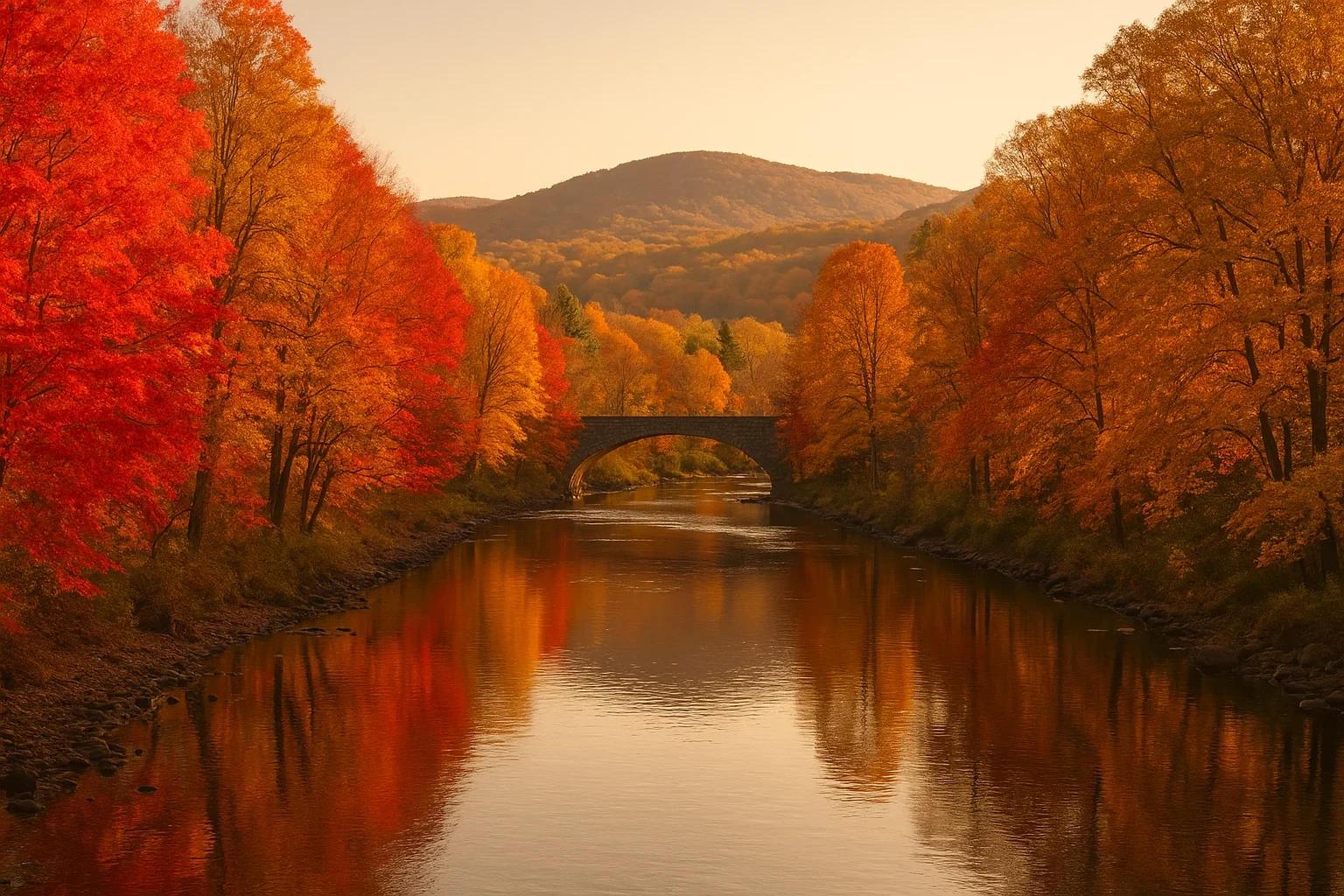 Stone arch bridge over a calm river surrounded by vibrant fall foliage and rolling hills near Southbury
