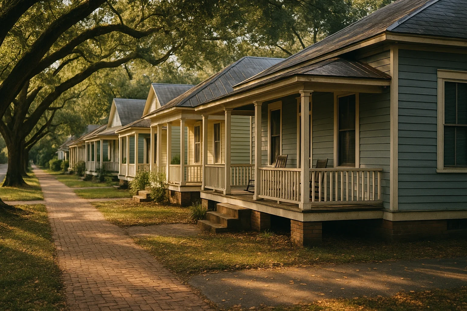 Row of historic cottage-style homes with covered porches and rocking chairs along a tree-lined Altavista street