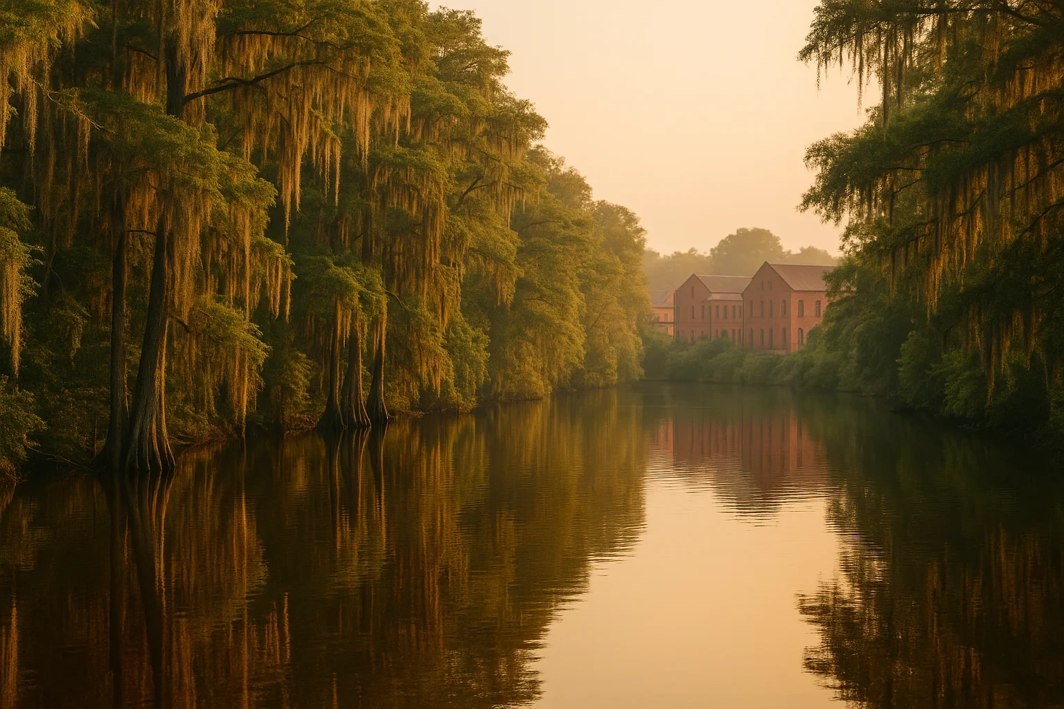 Misty bayou at sunrise with moss-draped cypress trees and historic brick buildings in Franklin