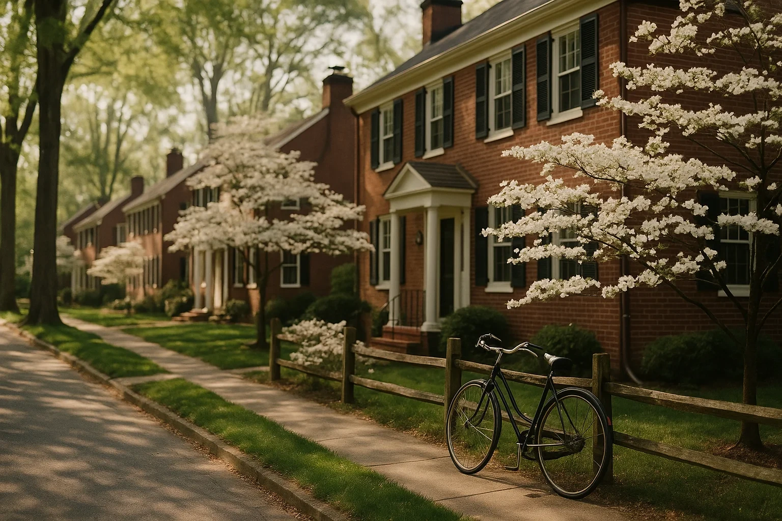 Charming brick colonial homes with blooming dogwood trees and a vintage bicycle on a Fairfax street.