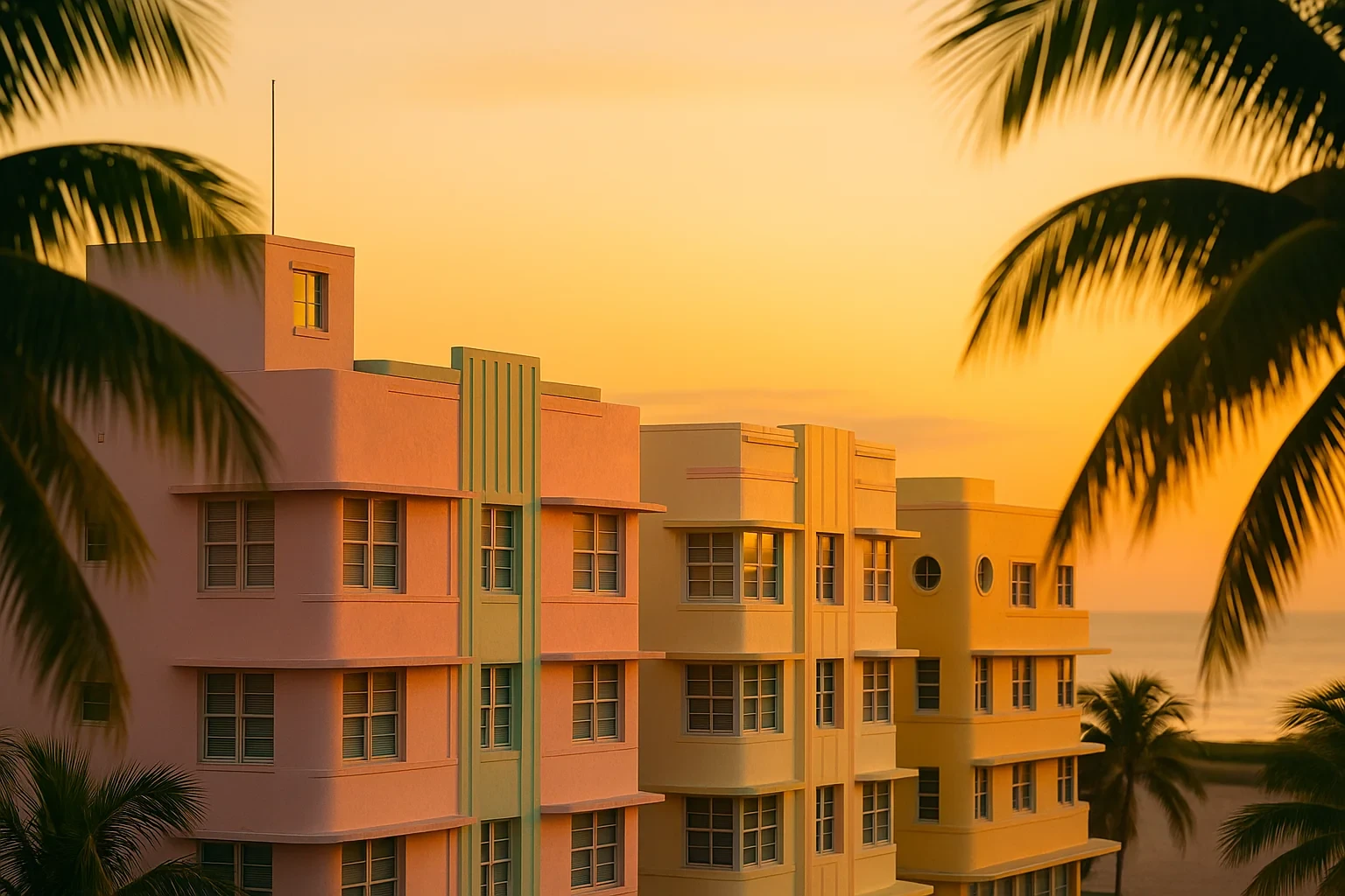 Pastel Art Deco buildings framed by palm trees at golden sunset along the Miami coastline.