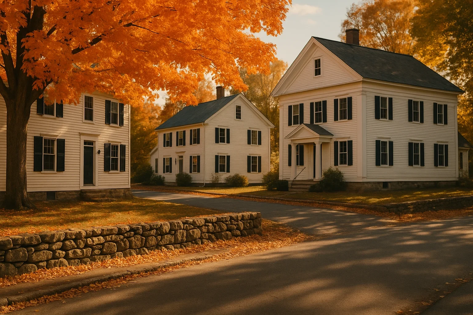Historic white colonial homes with black shutters along a tree-lined street in autumn in Broad Brook