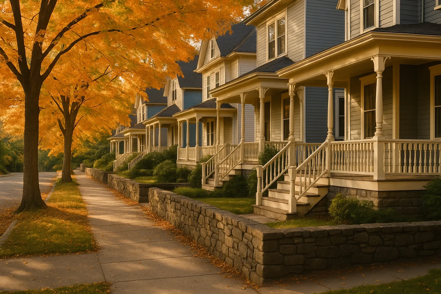Row of Victorian homes with porches along a tree-lined street in autumn in Derby neighborhood