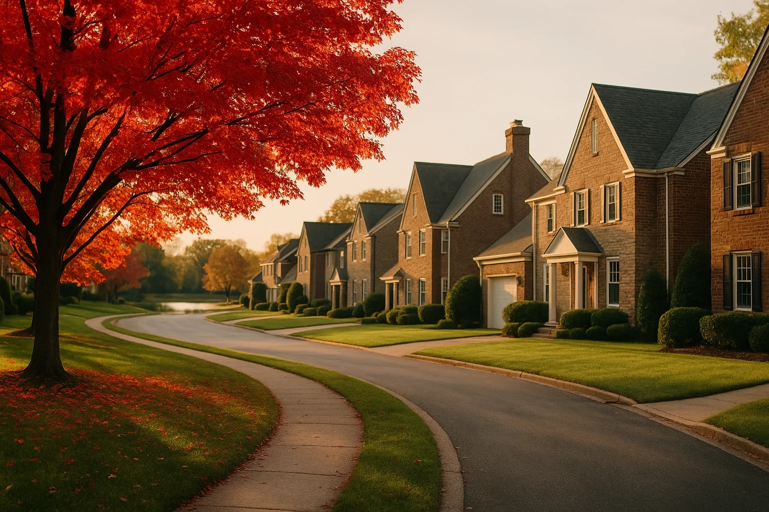 Tree-lined street of brick two-story homes with autumn red foliage and manicured lawns in Loudoun Valley Estates
