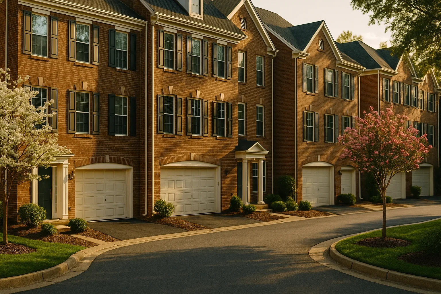 Row of brick townhomes with white garage doors and flowering trees along a curved street in Fair Lakes