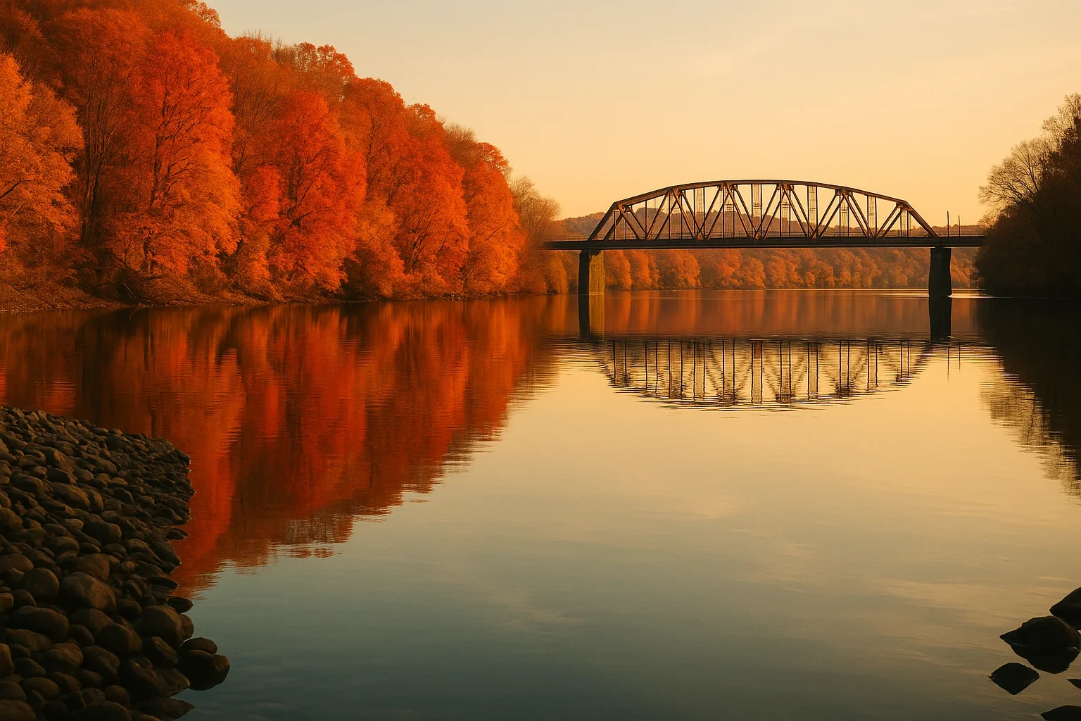 Steel truss bridge spanning a calm river framed by vibrant autumn foliage at sunset in Derby