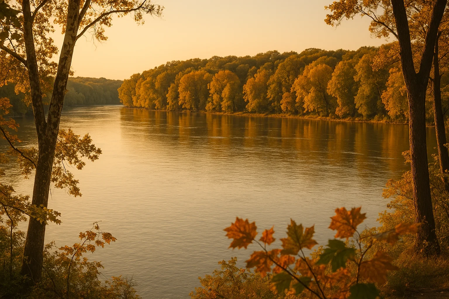 Golden autumn sunset over a calm tree-lined river with vibrant fall foliage near Lowes Island