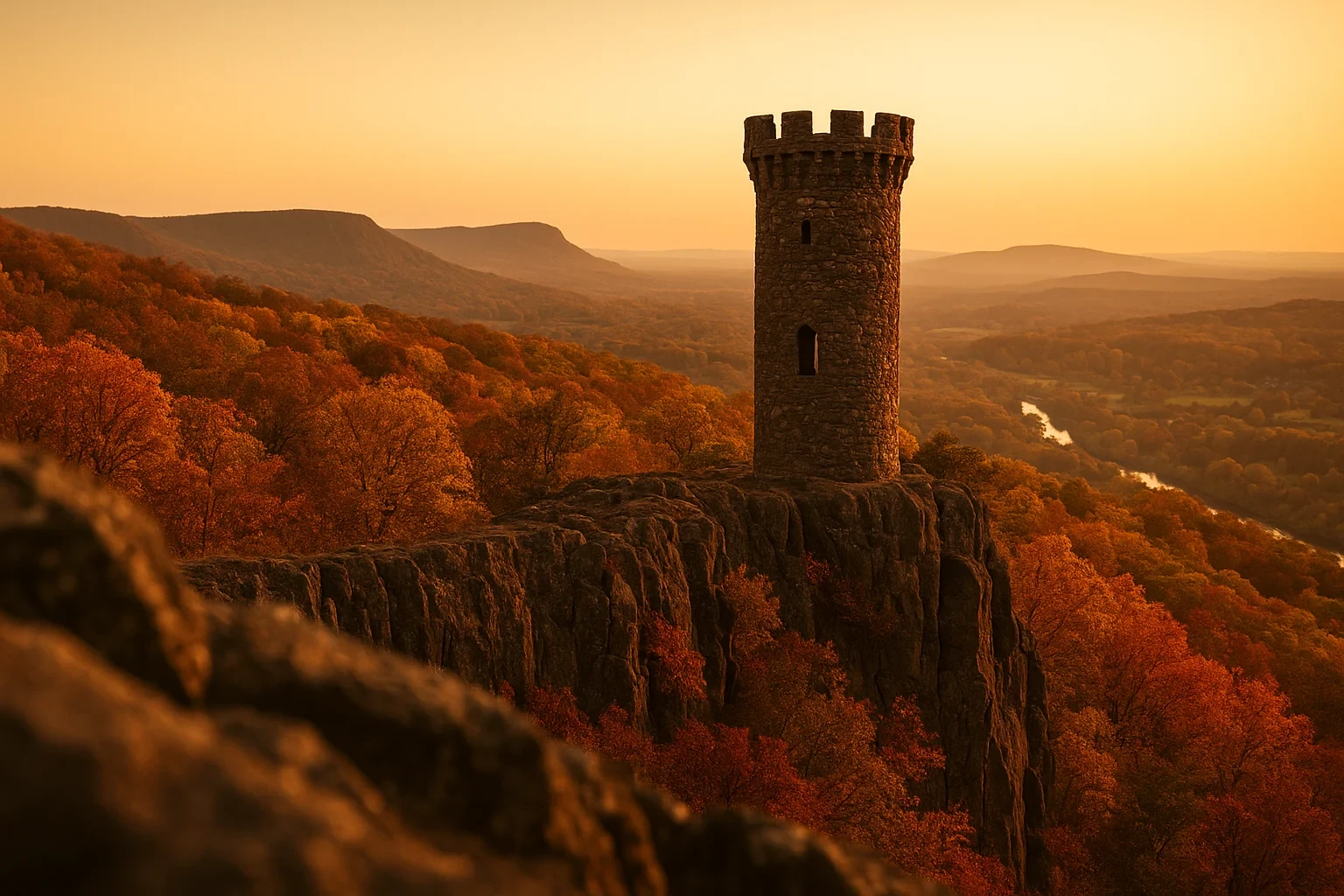 Stone castle tower atop a rocky cliff overlooking autumn foliage and rolling hills at sunset in Meriden