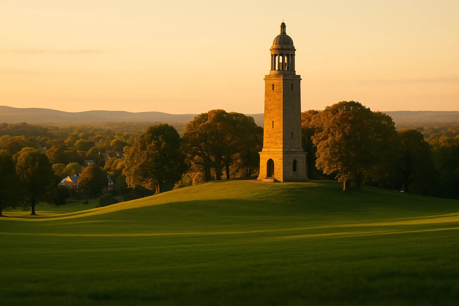 Historic stone observation tower with domed cupola overlooking rolling tree-covered hills at sunset in New Britain