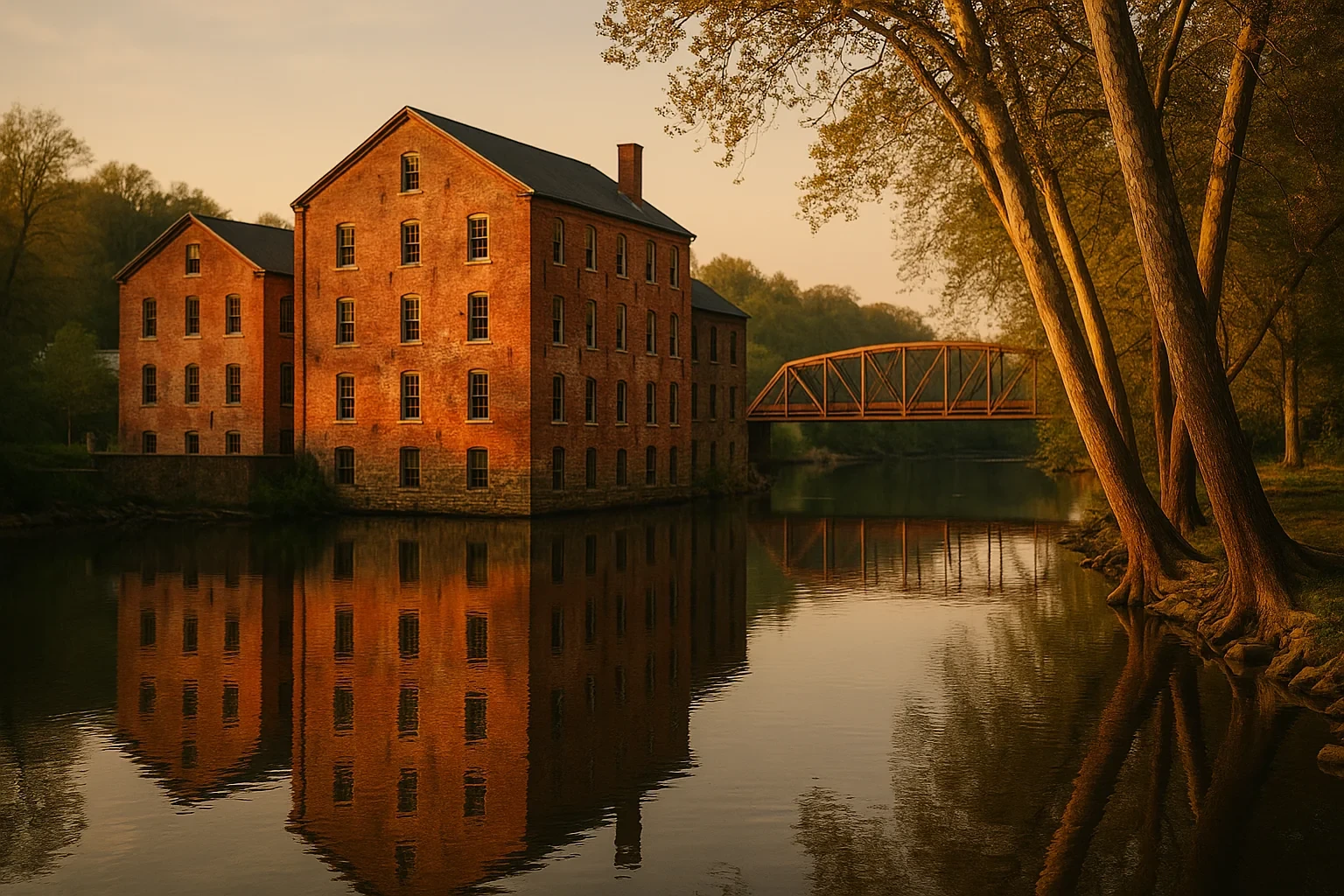 Historic brick mill building reflected in calm river beside iron truss bridge at sunset in Laurel