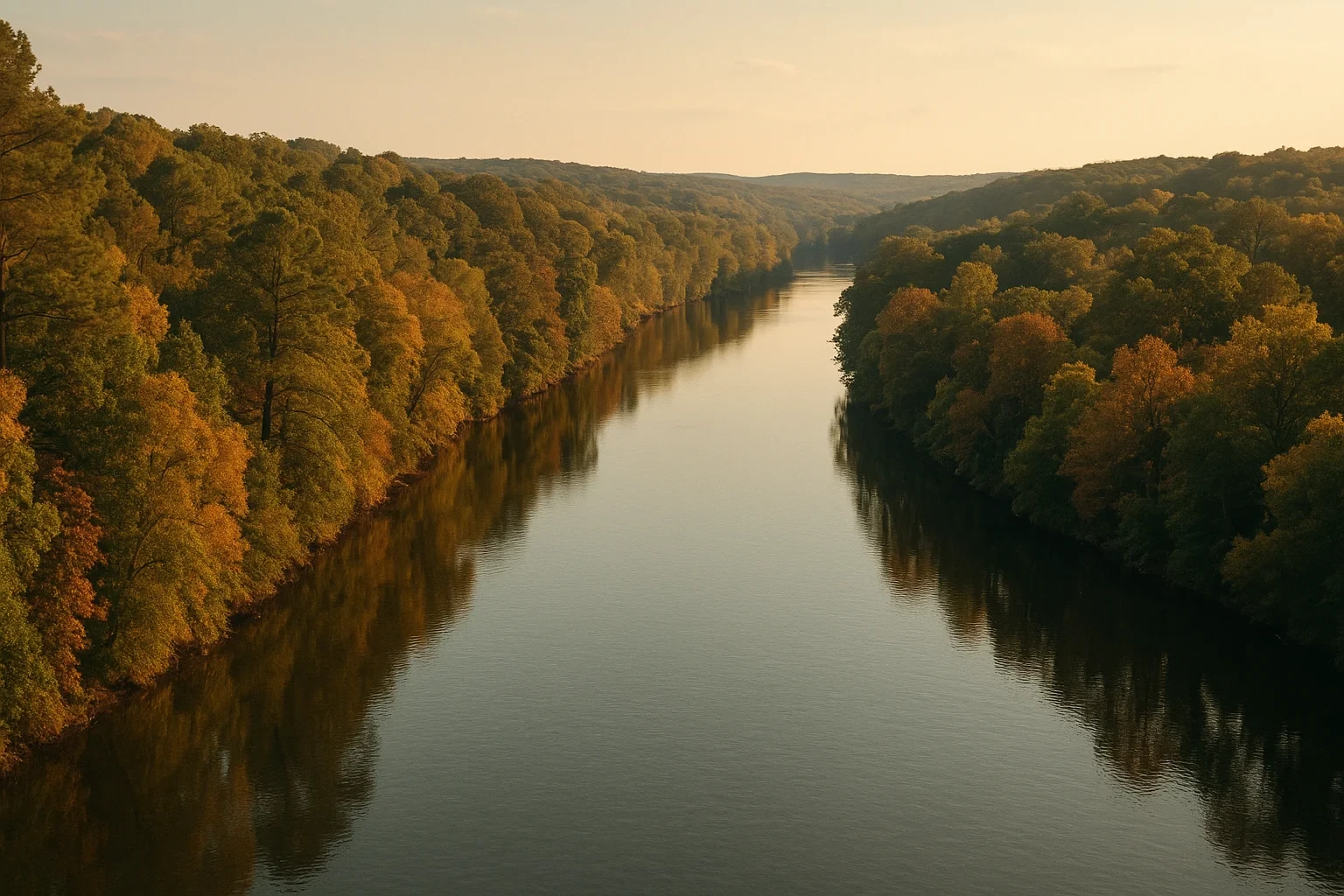 Scenic river winding through forested hills with autumn foliage at golden hour near Dumbarton