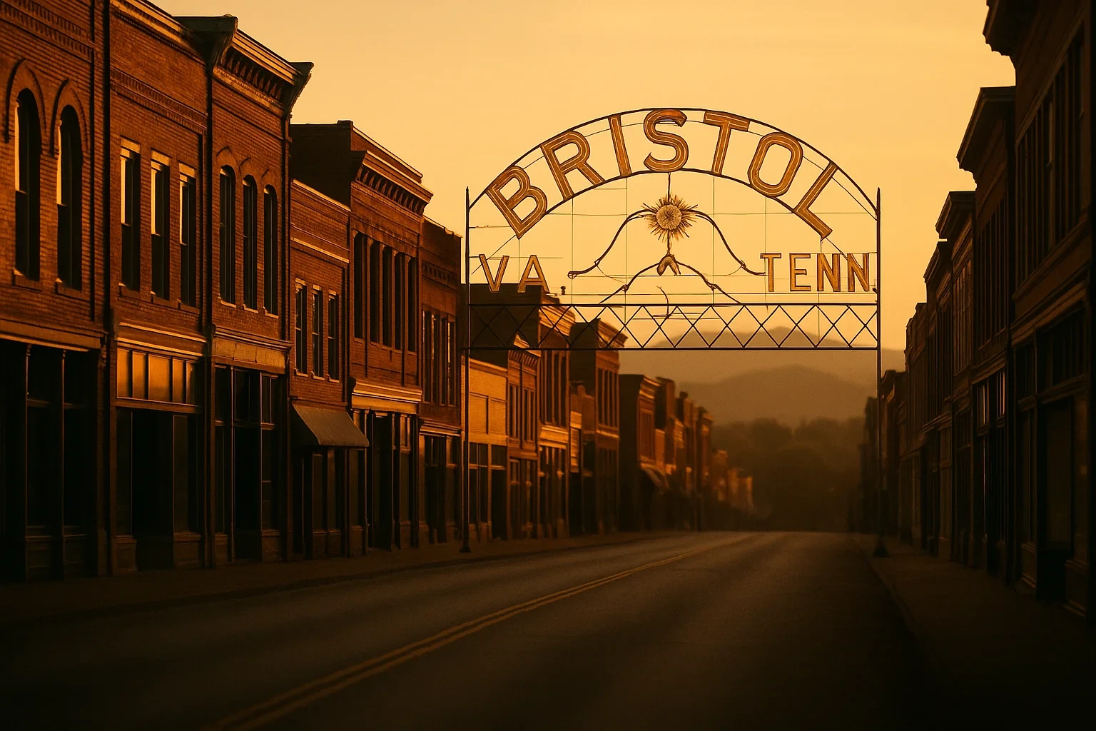 Historic downtown Bristol archway sign spanning a quiet brick-lined street at golden sunset with mountains beyond