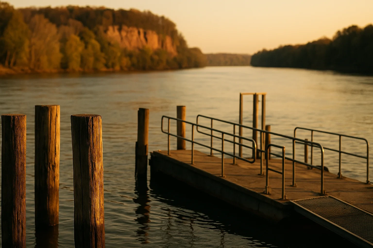 Wooden dock pilings and railed pier extending into a calm river at sunset near Rocky Hill.