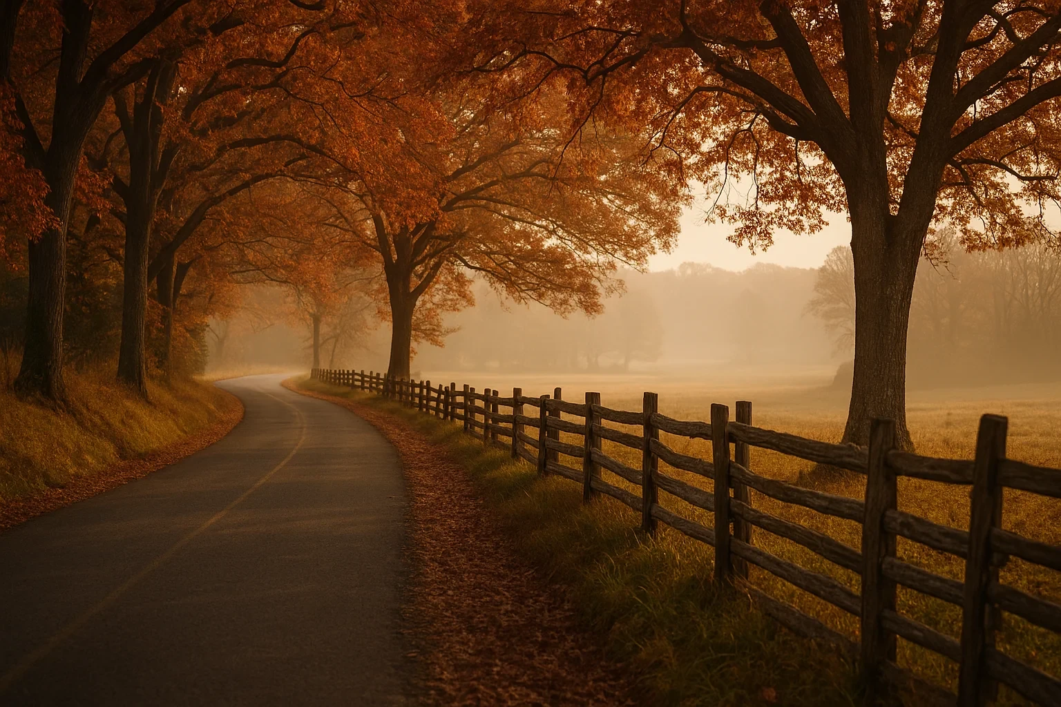 Misty autumn morning on a winding country road lined with orange trees and a wooden fence in Oakton