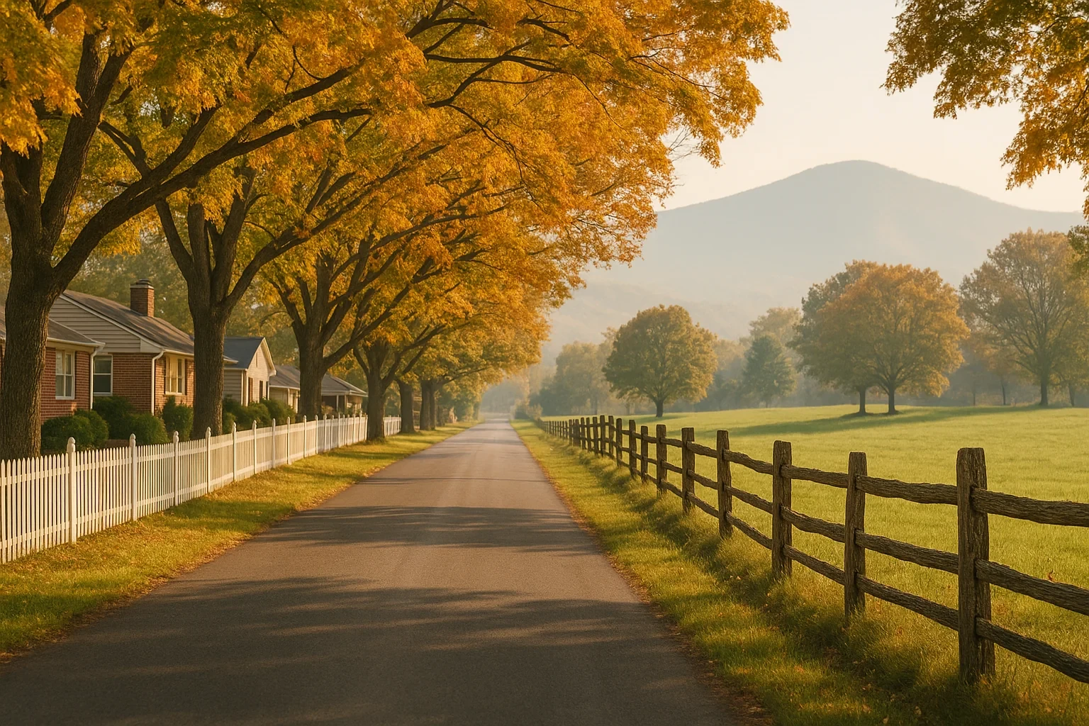 Tree-lined country road with white picket fence and autumn foliage near homes in Massanetta Springs