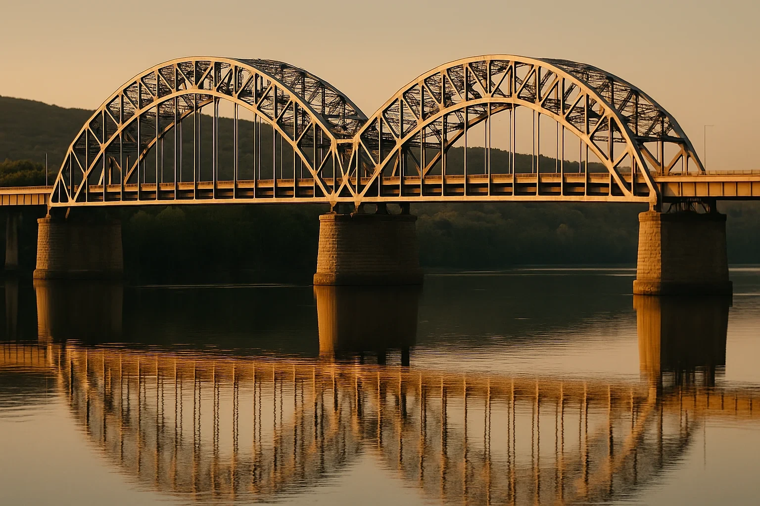 Twin steel arch bridge spanning a calm river at sunset with reflections shimmering in Middletown