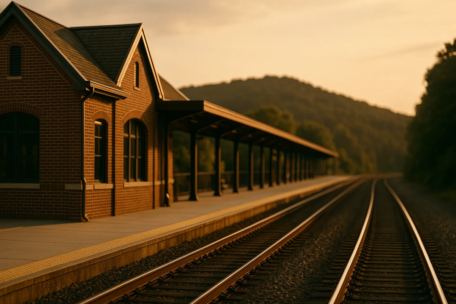 Historic brick train station with covered platform alongside railroad tracks at sunset in Manassas Park