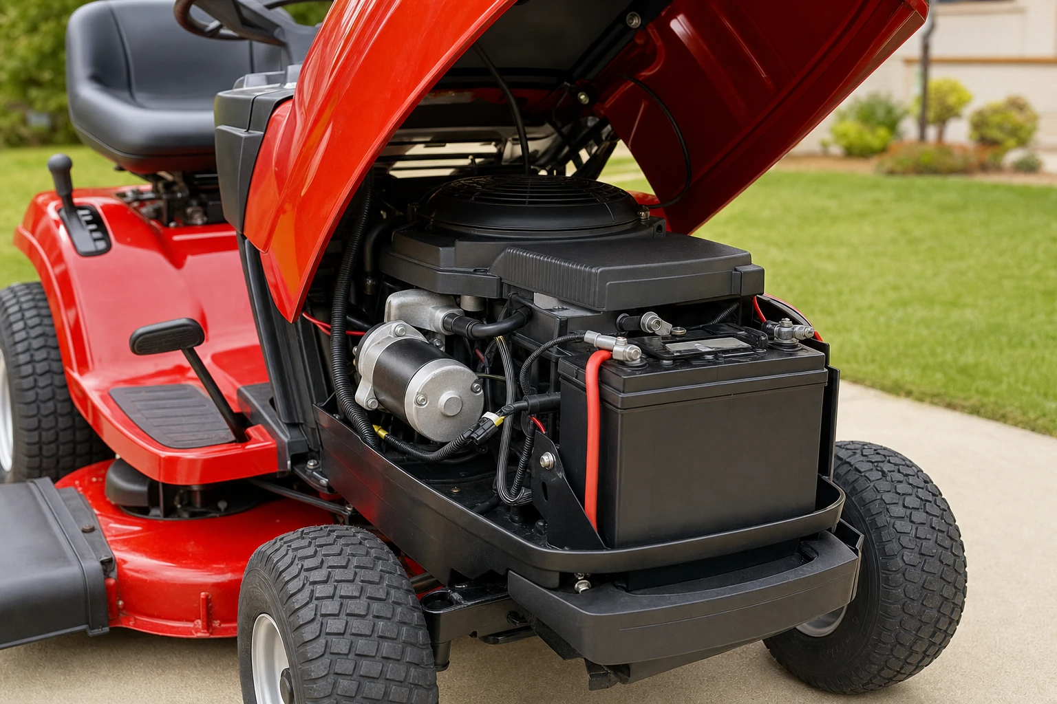 Red riding lawn mower with open hood exposing 12V battery and starter motor for maintenance on suburban driveway
