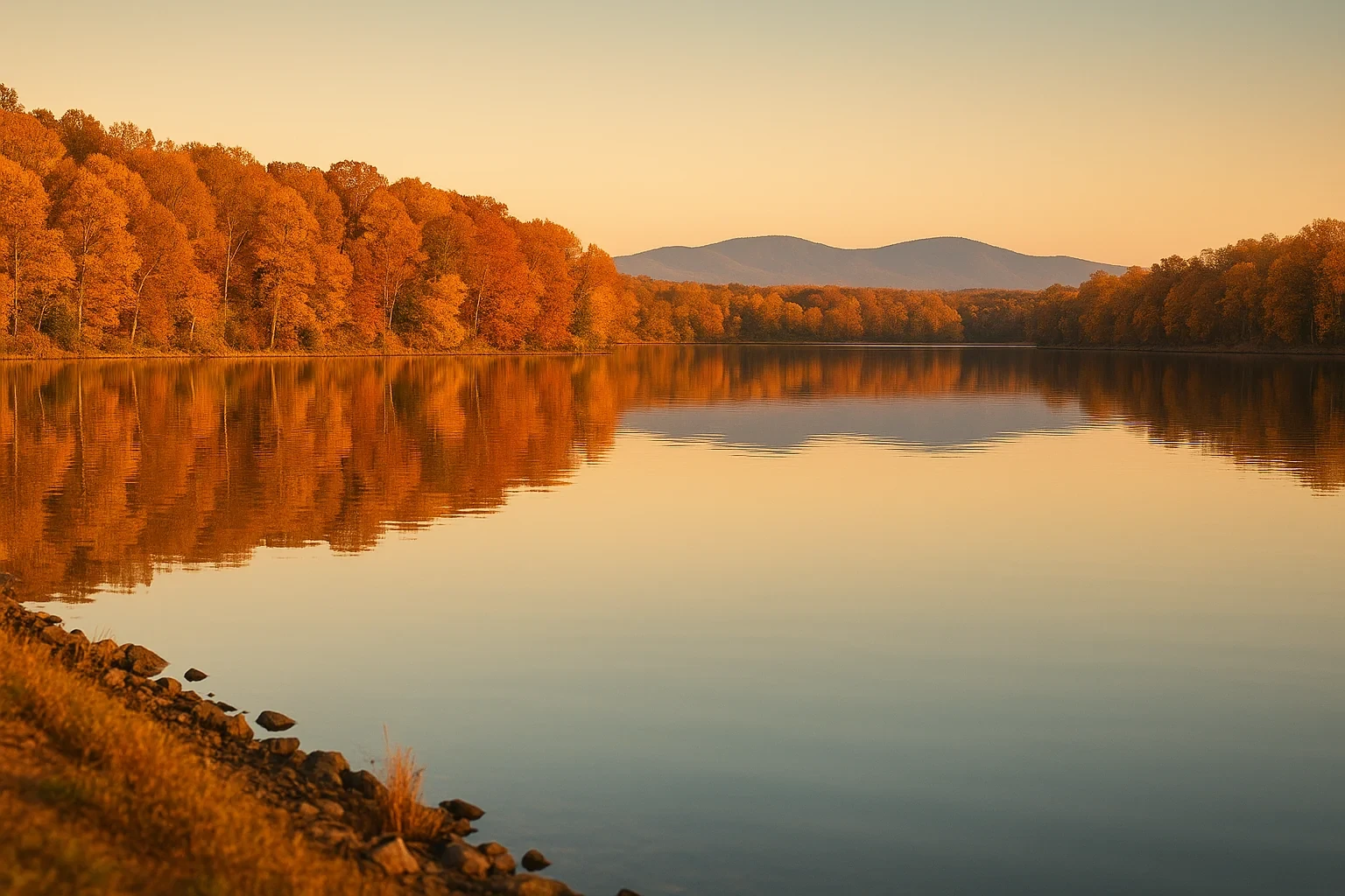Autumn foliage reflects on a calm lake at sunset with distant mountains near Broadlands