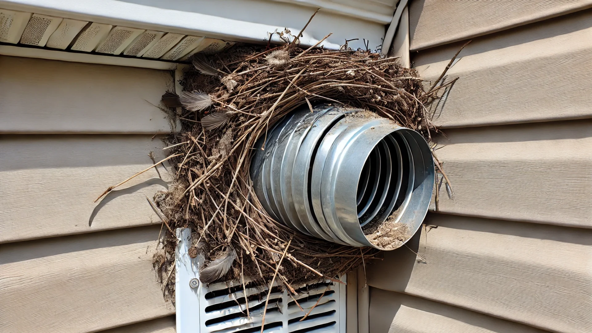 A bird's nest tightly packed with twigs and feathers inside a dryer vent on the exterior wall of a house.