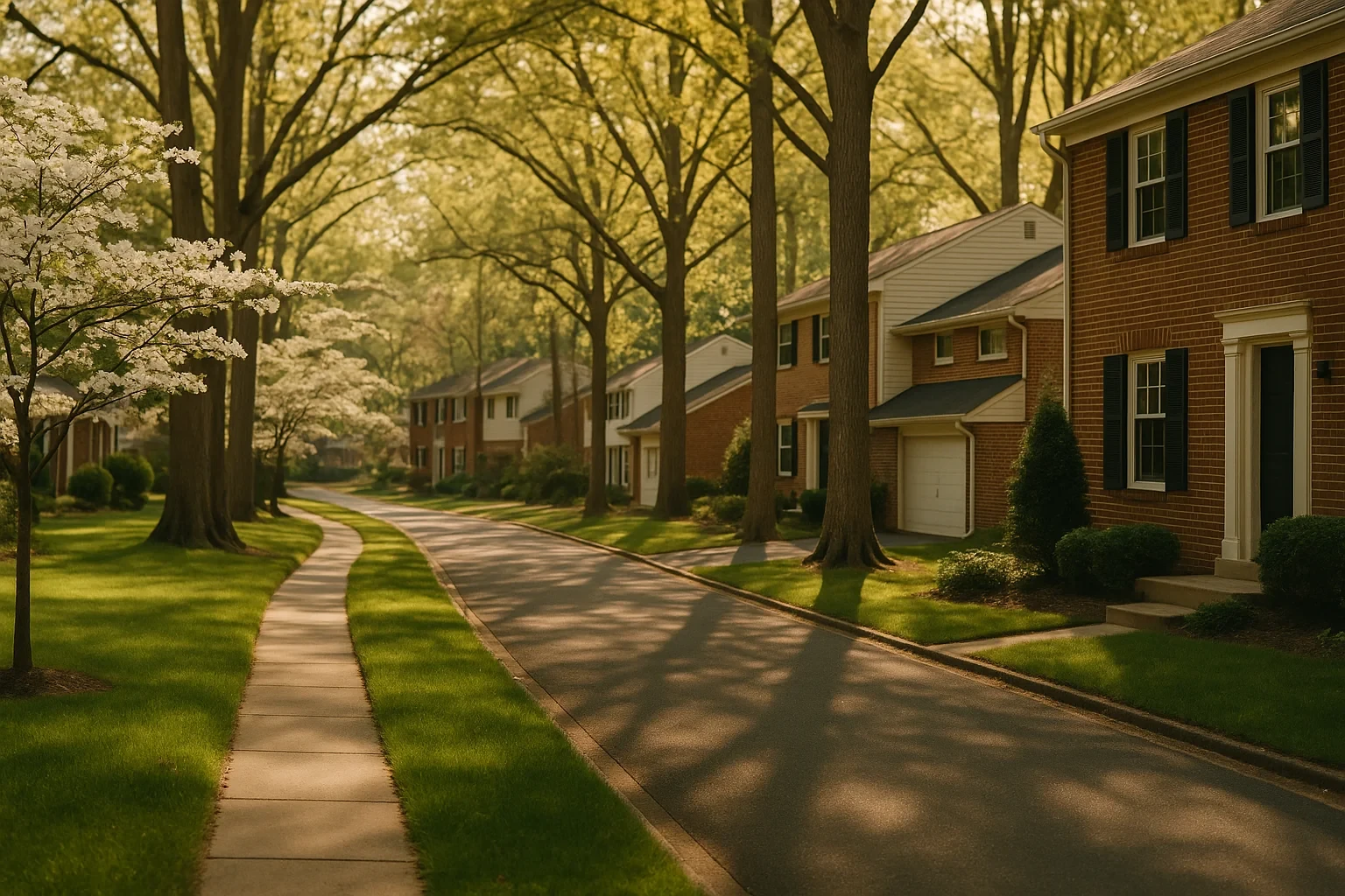 Tree-lined residential street with brick colonial homes and dogwood blossoms in a George Mason neighborhood