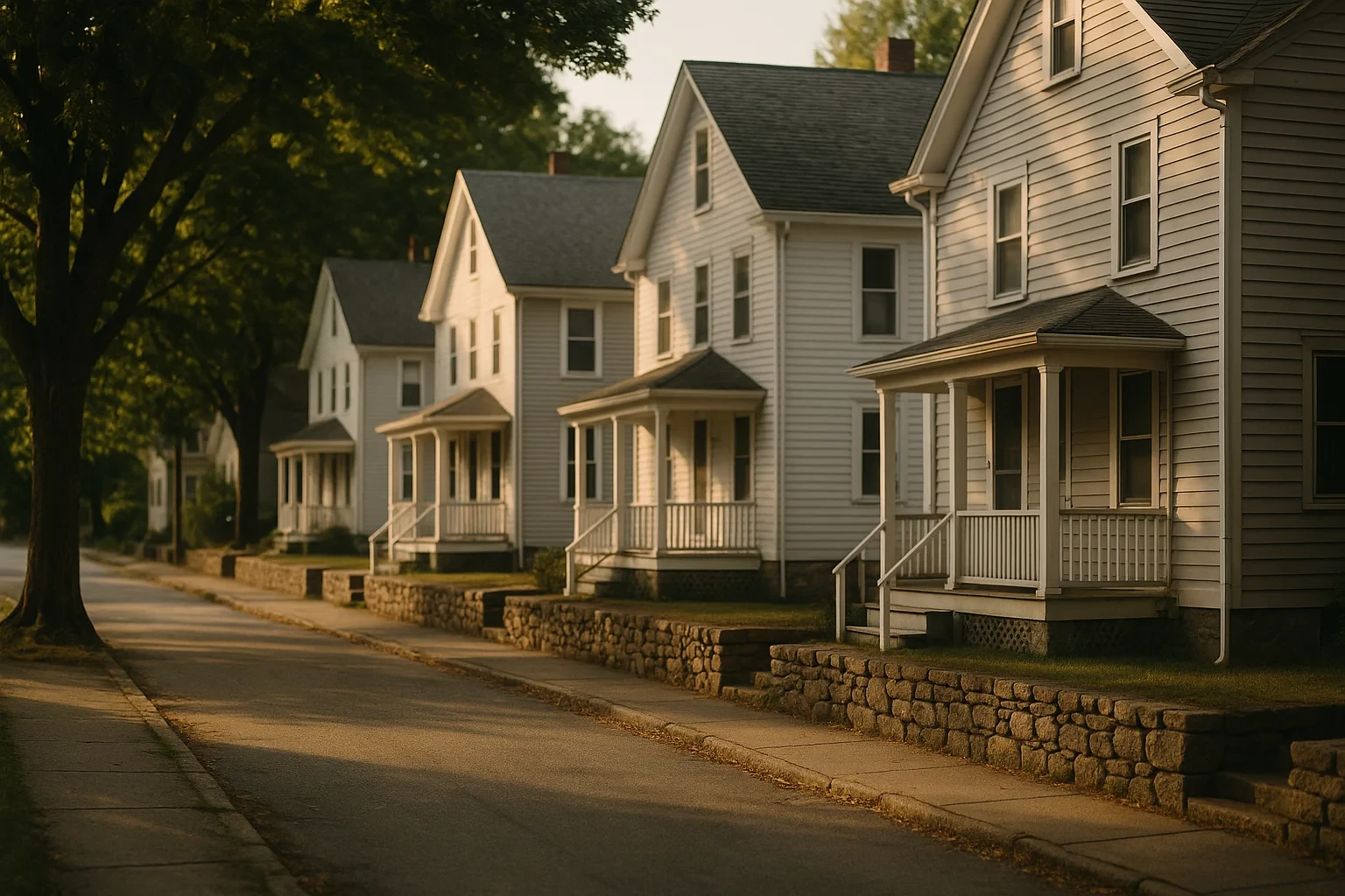 Row of white clapboard homes with front porches and stone retaining walls along a tree-lined Pawcatuck street at sunset