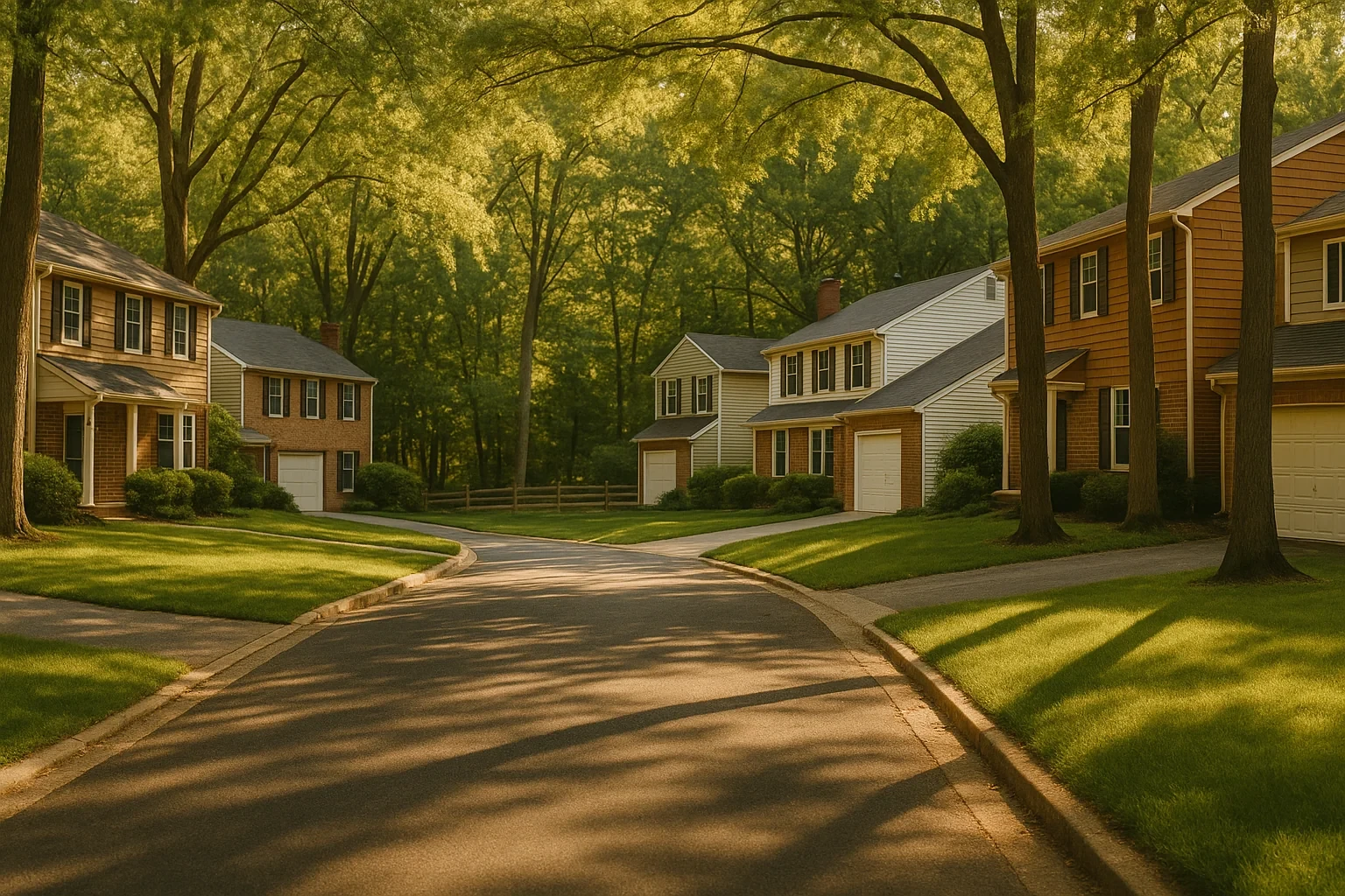Tree-lined suburban street with two-story homes and manicured lawns in a Burke neighborhood at golden hour