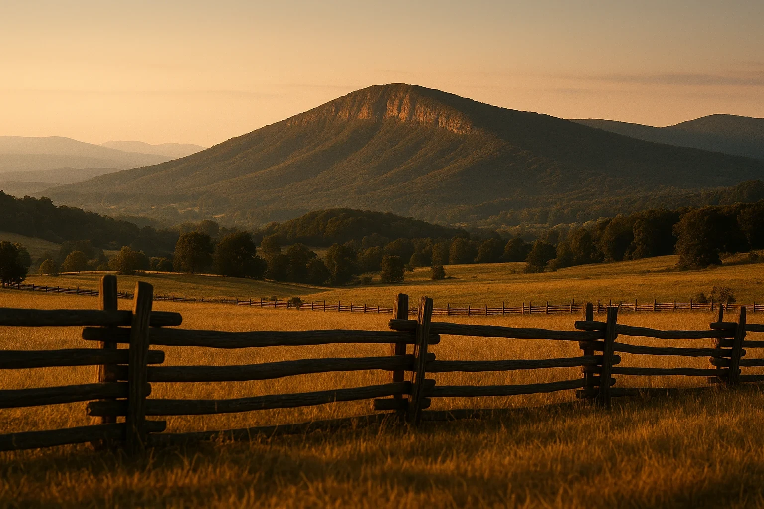 Rustic split-rail wooden fence along golden meadow with mountain peak at sunset near Daleville