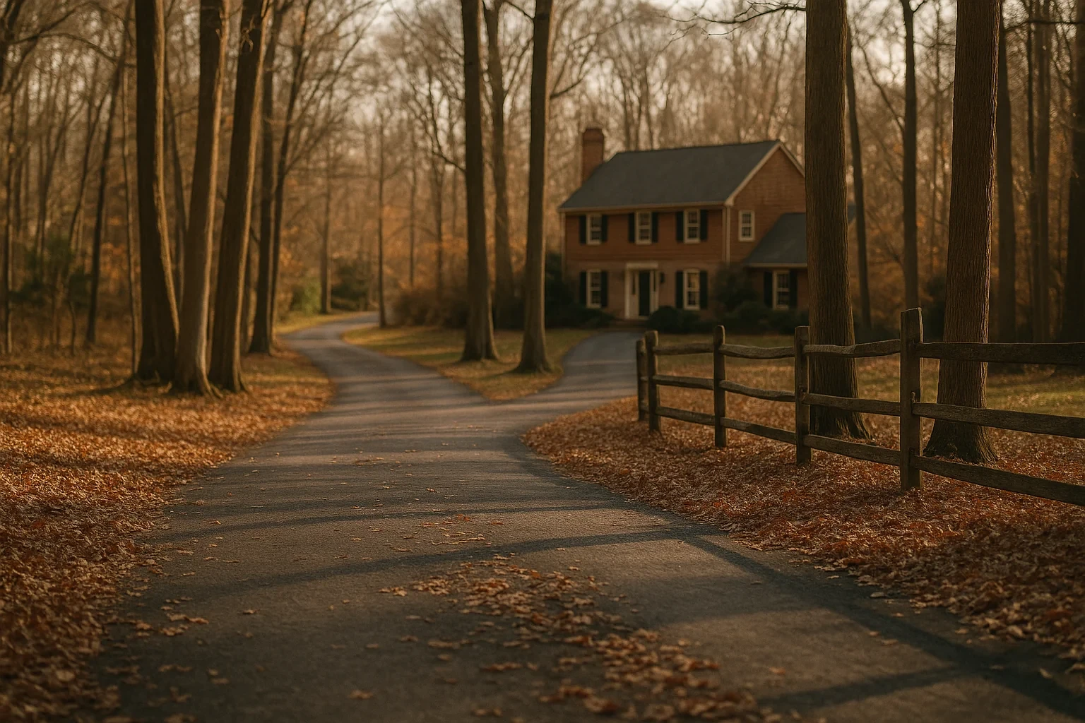 Winding driveway through autumn woods leading to a two-story colonial home with shutters in Fairfax Station